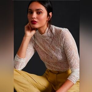 Anthropologie Ivory Lace Mock Neck Layering Top Long Sleeve Size Large